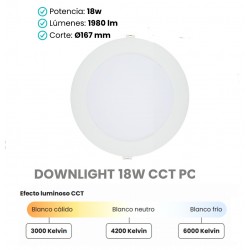 Downlight LED Redondo 220mm Blanco 18W 1980Lm CCT, Corte 167mm. Ideal para Techos Lamas, desde 5,90€/ud